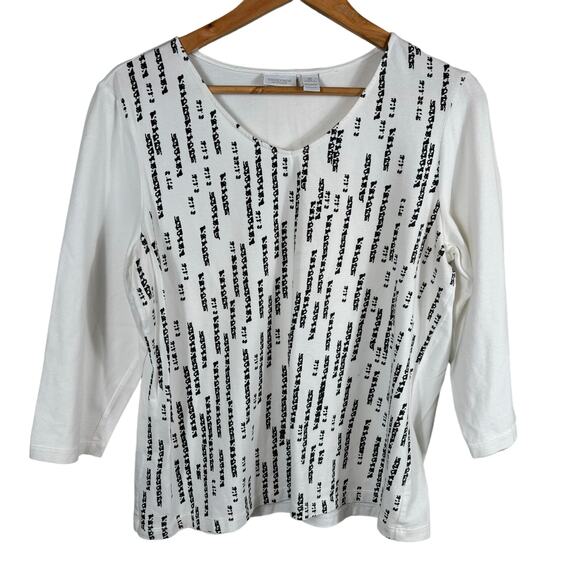 Chico's Shirt Blouse Womens Large White Scoop Neck Geometric Soft Stretch Casual - Picture 1 of 10